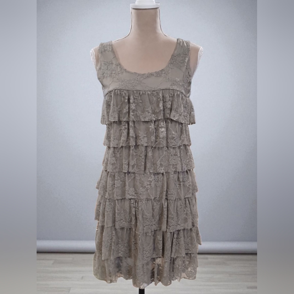 INC Lace Tiered Ruffle Knee Length Dress Womans Large Petite Forest Fairy Goblin